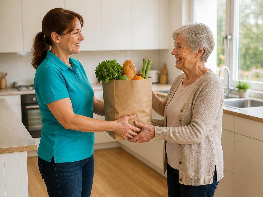 Alltagshelferin bringt einer Seniorin frische Lebensmittel in die Küche