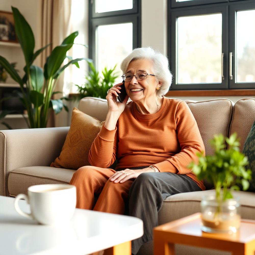 Seniorin telefoniert entspannt auf dem Sofa