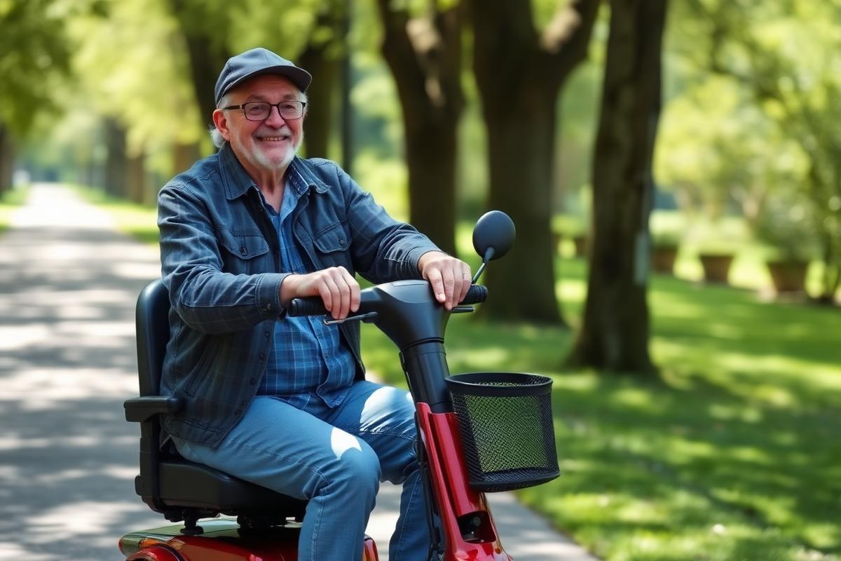 Senior fährt mit einem roten Elektromobil durch einen sonnigen Park
