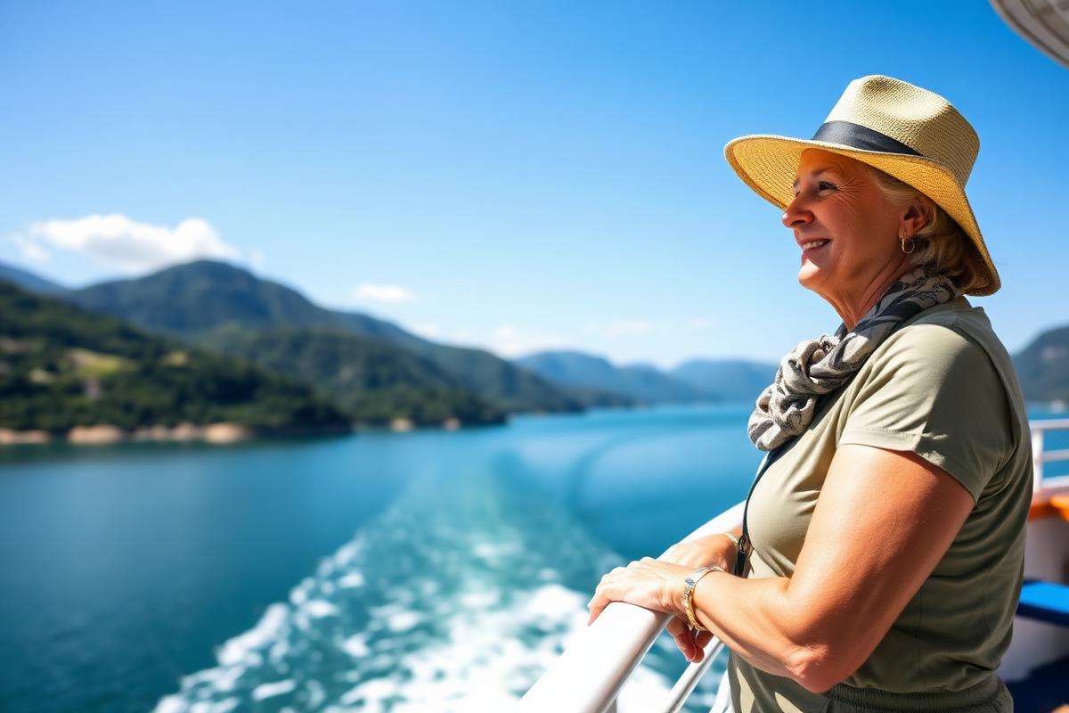 Aktive Seniorin auf einer Schiffsreise mit Blick auf See und Berge